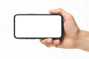 Hand holding a smartphone on a white background