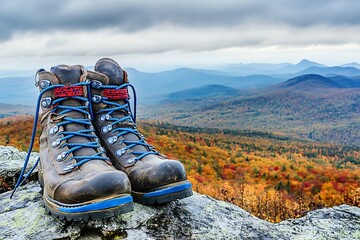 Hiking Boots on Mountain Rock Edge Overlooking Autumn Forest and Blue Ridge Horizon