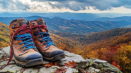 Hiking boots on rock overlook mountain landscape with autumn foliage background