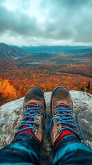 Hiking Boots Point Of View Overlooking Autumn Forest Scenic Vista Landscape
