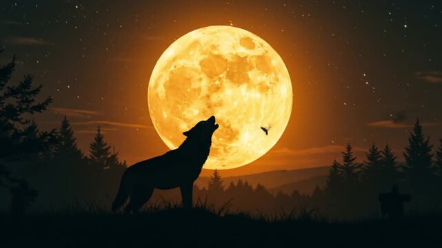 Silhouette of a howling wolf on a hill beneath a blazing full moon and starry pine shadows at dusky!