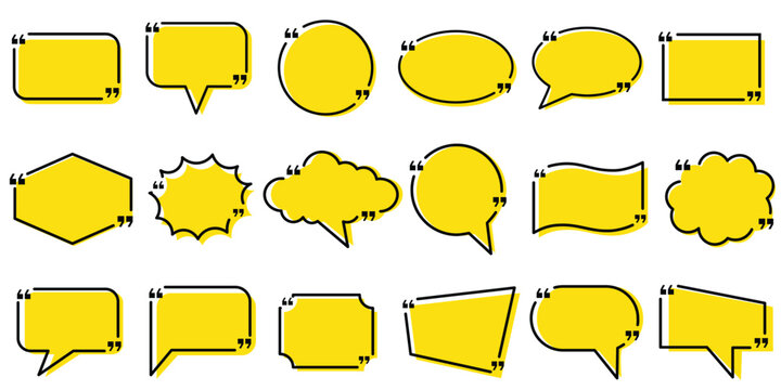 Yellow quotes bubbles collection with dialogue balloons, chat boxes and communication shapes for conversation and messaging vector illustration
