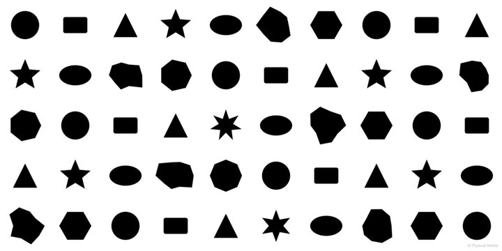 A collection of 50 black geometric shapes in a clean and minimalist vector style. This pack includes circles, triangles, stars, polygons, blobs, rounded rectangles, and abstract silhouettes. Designed 