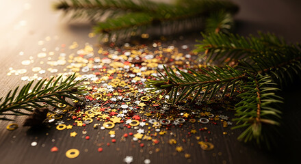 Christmas Pine Branches and Glittering Confetti on Dark Surface image photo