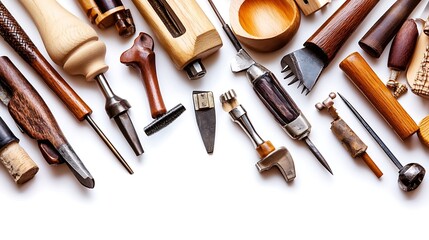 Leather crafting tools collection with wooden handles on a clean white background