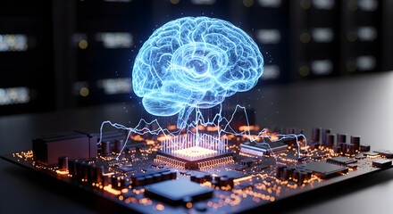 Digital 3d hologram model of the human brain over the CPU or motherboard computer machine hardware parts technology. Artificial intelligence concept system circuit and information signals 11358238 1