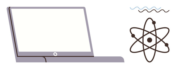 Minimalistic laptop and atom design symbolize technology, science, education, innovation, and knowledge-sharing. Ideal for STEM topics, e-learning, tech, innovation modern learning platforms
