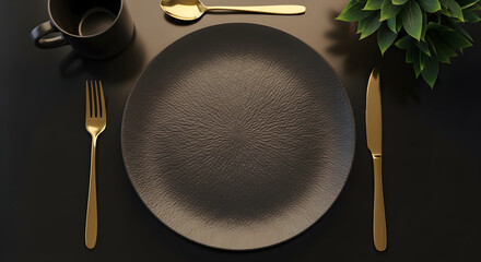 Top view photography of an elegant and luxurious dark gray textured plate surrounded by golden knife and fork black cup and a decorative plant. Shiny tableware expensive premium restaurant  66694656 1