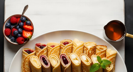 Top view of rolled pancakes on a plate delicious homemade dessert perfect for breakfast or lunch with a copy space for adding your favorite toppings like jam or cheese hot dinner meal 74402072 1