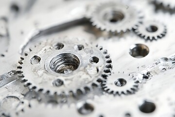 Macro View Silver Metal Gears, Cogs, and Machined Surface Details in Abstract Composition