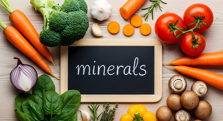 Top view of chalkboard with text minerals on kitchen table surrounded by various vegetables with broccoli tomato and carrots. Fresh healthy organic vegan foods detox diet garden products li 22529619 1