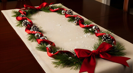 Christmas table runner with pine branches red ribbon pinecones and silver bells on a dining table