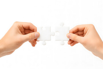 Hands holding two white puzzle pieces isolated
