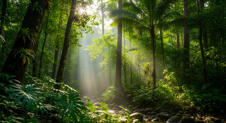 Sunlight in tropical rainforest lush green leaf foliage vibrant nature beautiful jungle landscape with trees and wilderness plant morning light illuminating the wild environment 14611728 1