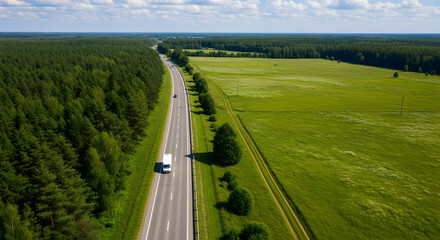 Summer Journey Through a Green Countryside Meadow Aerial View of Highway and Forest 52961390 1
