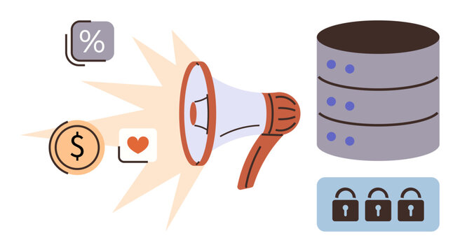 Megaphone spreading icons of percentage, dollar, and heart leading to a server stack with locks. Ideal for marketing, data security, analytics, finance, audience engagement, advertising