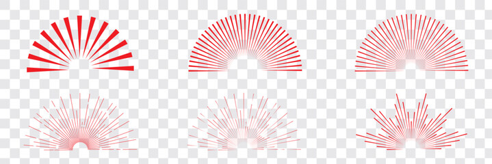 Minimalist abstract vintage half sunset, sunrise beams, sun raises, burst symbols. Retro red logo, tattoo design templates. Retro Red Sun Burst Design. Vintage sunburst. EPS 10. 