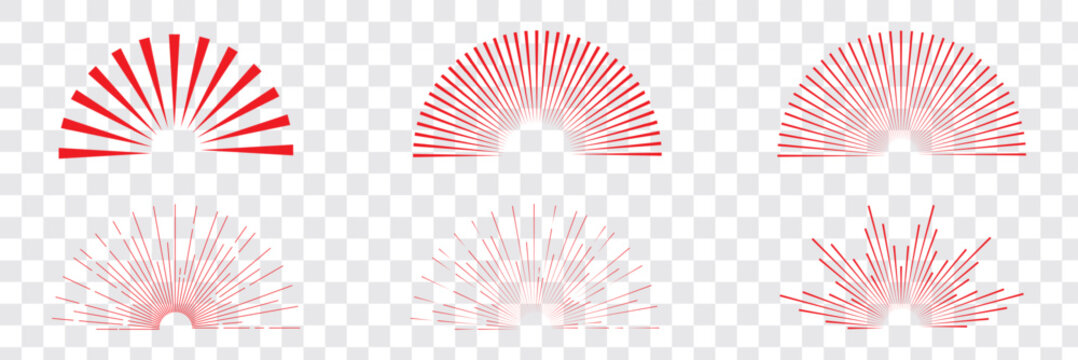 Minimalist abstract vintage half sunset, sunrise beams, sun raises, burst symbols. Retro red logo, tattoo design templates. Retro Red Sun Burst Design. Vintage sunburst. EPS 10. 