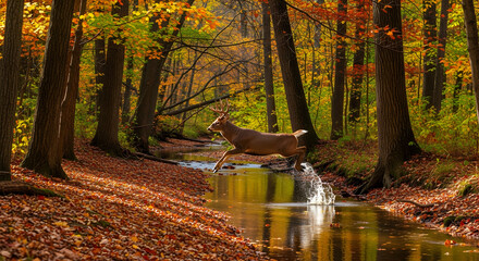 Deer in the autumn fall woodland forest nature jumping over the river creek water stream. Wildlife environment animal with horns wilderness scenery 57864092 1