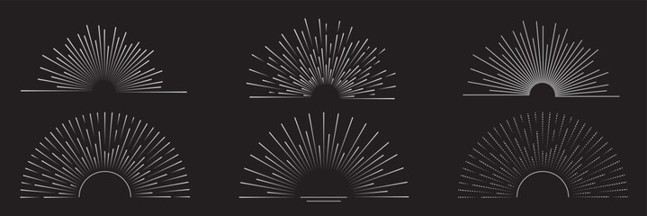 Vintage sunburst collection. Bursting sun rays. Fireworks. Logotype or lettering design element. Radial sunset beams. Vector illustration. Black and Gold Vintage sunburst. Best Collection. EPS 10.