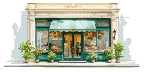 Charmante B&auml;ckerei mit gr&uuml;ner Markise und Schaufensterauslage, illustration im Vektorstil.