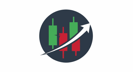 Stock market analysis icon with upward trend arrow and candlestick charts.