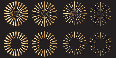 Vintage sunburst collection. Retro gold Sun burst shapes. Bursting golden sun rays. Vintage light starburst labels, badges, Fireworks, Logotype or lettering design element. Radial sunset beams. EPS 10