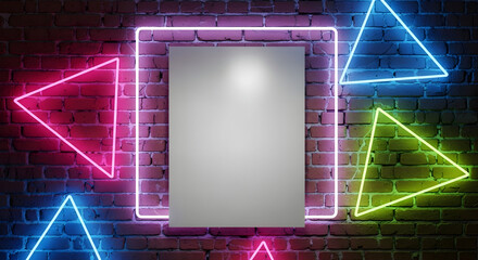 Neon Brick Wall Mockup Template for Modern Night Club Banner Design vertical frame poster 99385626 1