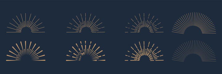 Vintage sunburst collection. Bursting sun rays. Fireworks. Logotype or lettering design element. Radial sunset beams. Vector illustration. Black and Gold Vintage sunburst. Best Collection. EPS 10.