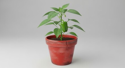 Fototapeta premium Single Green Pepper Plant Growing in a Cracked Red Pot, Seedling, Sprout, Vegetable