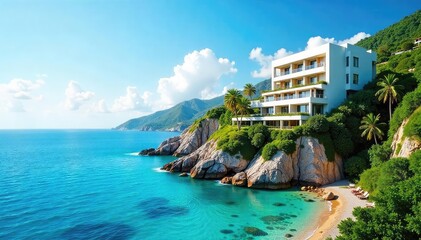A luxurious hotel nestled amongst vibrant blue skies, featuring a pristine white building and lush greenery The scene evokes feelings of tranquility and escape , rest, vacation, swimming pool