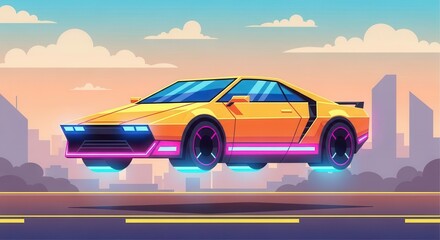 Stylized futuristic sports vehicle floats above a road with a city skyline in the background
