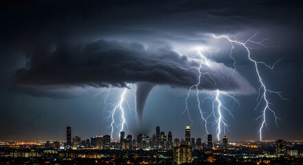 Dark thunderstorm clouds and lighting bolts with tornado hurricane or cyclone above the cityscape. Dangerous stormy weather climate change cloudscape meteorology outdoor skyline 56786261 1