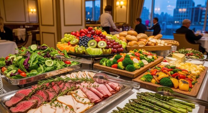 Lavish buffet spread showcasing diverse culinary delights for an elegant gathering amidst a city