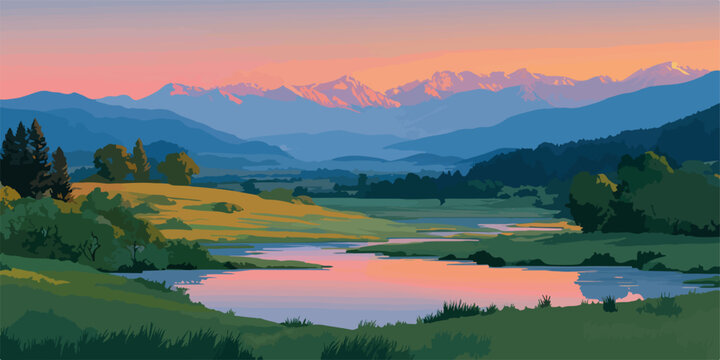 Malerische Alpenlandschaft bei Sonnenuntergang mit einem ruhigen Fluss und sanften H&uuml;geln.