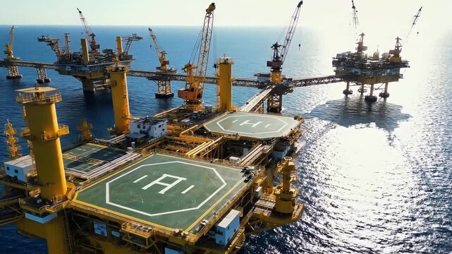 Expansive view of multiple offshore oil and gas production platforms operating in the open sea, symbolizing global energy supply and resource extraction
