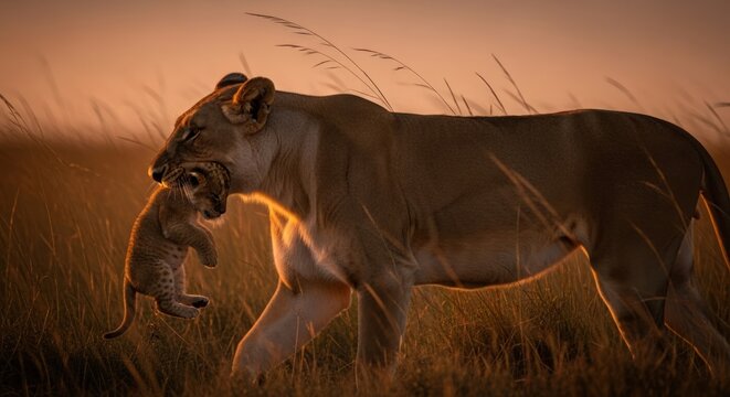 A lioness walking through tall grass