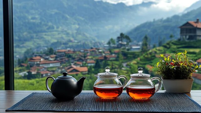 Tea set with view of a village, green hills, and houses. Black teapot, clear tea pots, and greenery