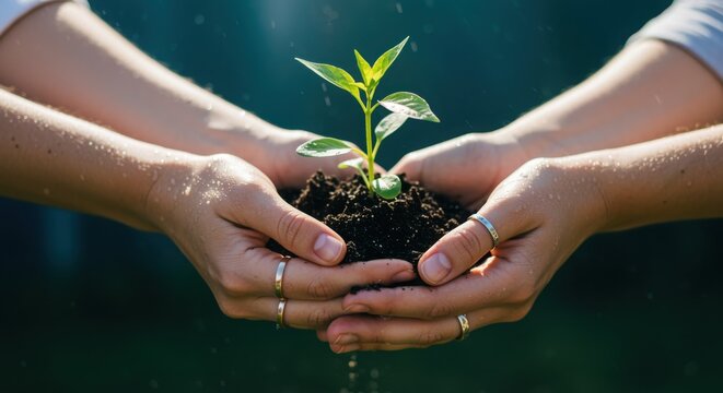 Two pairs of hands gently holding a young plant with soil