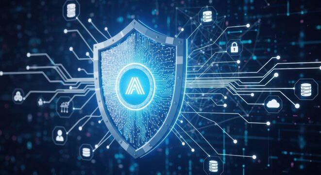 Digital Shield with Network Connections and Data Icons, Cybersecurity, Data security, Technology