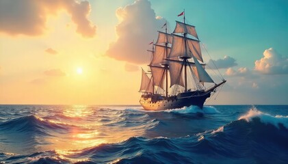 Obraz premium A majestic ship sails triumphantly across a vast, sun-drenched ocean, waves gently lapping its hull, symbolizing victory and freedom at sea , summer sea, calm sea, navy