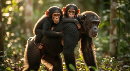 Two chimpanzees riding on the back of a