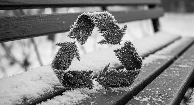 Recycle symbol covered in snow on a wooden bench