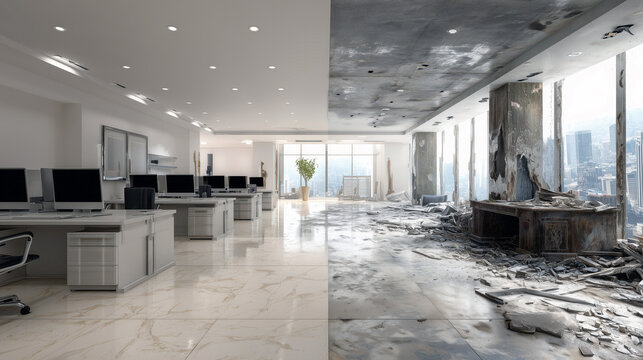 Spacious office interior with polished desks and soft overhead lighting contrasted sharply with a deteriorated workspace full of rusted furniture and scattered debris, workplace condition concept