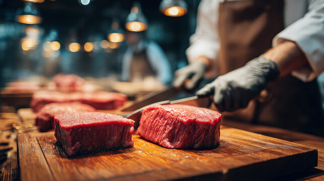 Skilled butcher slicing thick raw steaks under bright lighting while wearing safety gloves in a modern meat shop, creating a detailed culinary preparation scene, food craftsmanship concept