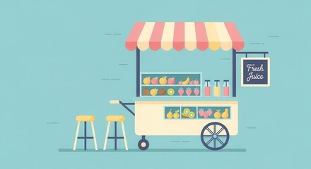 Obraz premium Mobile cart dispensing freshly squeezed beverages is situated against a pale blue backdrop