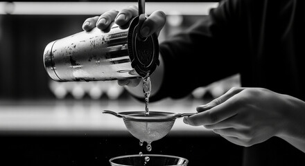 Bartender Pouring Cocktail Through Strainer in Black and White