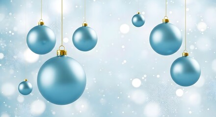 Holiday Winter Christmas Poster, light blue Christmas ornaments hanging from gold strings, with bokeh background, snowflakes