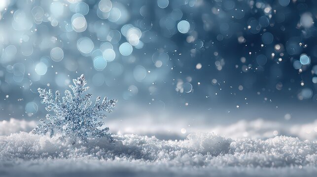Blue Snowflake on White Snow with Sparkling Bokeh Background Displaying Winter Season and Holiday Theme - Powered by Adobe
