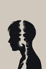 Surreal silhouette illustration of a child’s head split by an organic, branching crack, symbolizing inner conflict, emotional trauma, fragile identity, and the complexity of personal growth.